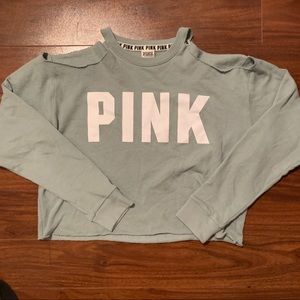 PINK teal cropped open shoulder sweater